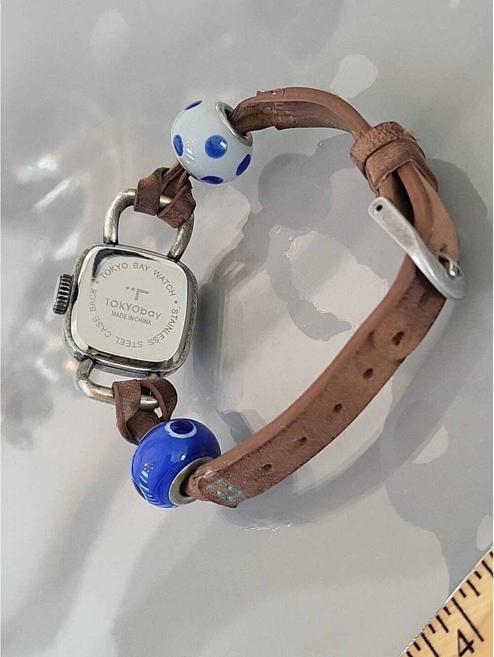 Womens TOKYObay Watch Silver Tone Leather Glass Beads New Battery Works Great!